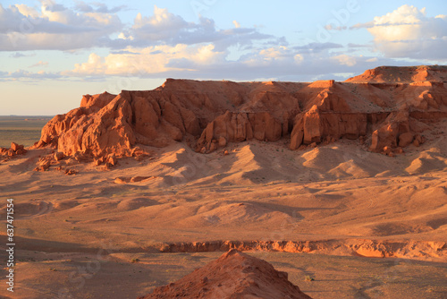 The rock formations of Bayanzag flaming cliff at sunset  Mongolia