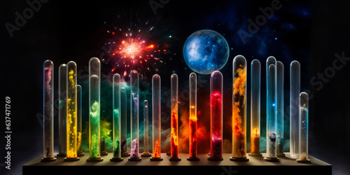 Enthralling image of test tubes containing vivid nebulae, transforming science into a cosmic voyage with boundless possibilities.