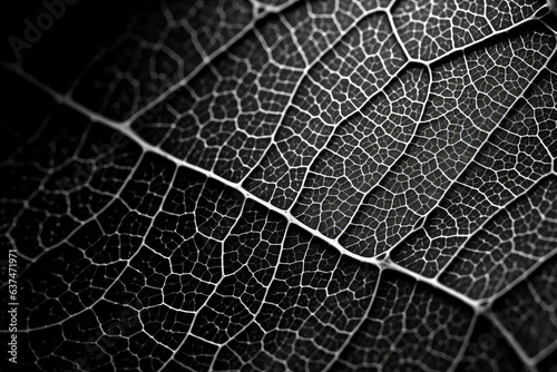 Stunning monochrome macro detail of a leaf revealing complex nanostructures, subtly lit with golden hues. Artistic representation of nature's grandeur. photo