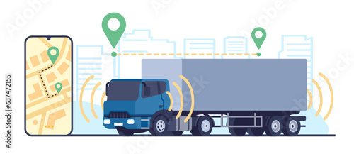 Transport of future. Truck moves on road without driver. Driverless lorry. Car automative driving. City route control smartphone application. Location pins. Cargo shipment. Vector concept photo
