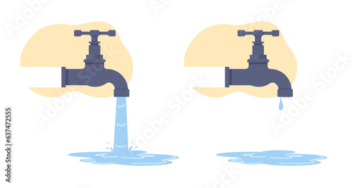 Water faucet with aqua flow or falling drops. Stopcock leaking. Plumbing maintenance. Open or closed spigot. Dripping liquid. Bathroom or kitchen sanitary engineering. Vector concept