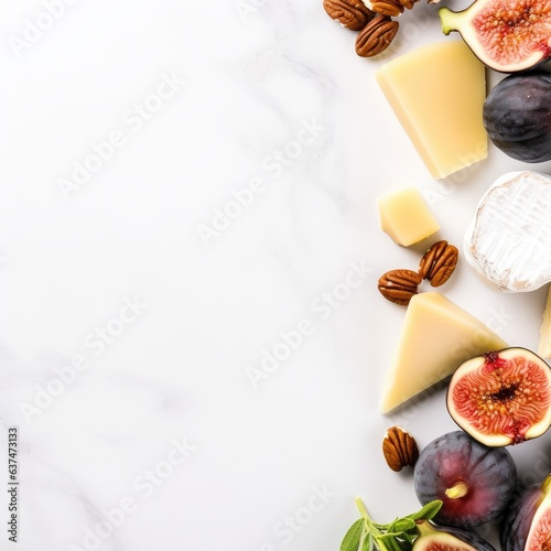 A selection of cheeses, figs, nuts and honey. Banner on a white marble background. Generative AI.