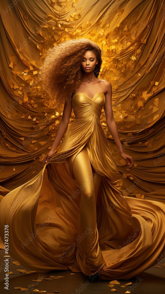 Fashion model woman in golden flying dress, luxury theme