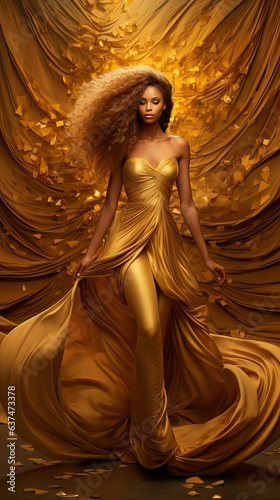 Fashion model woman in golden flying dress, luxury theme