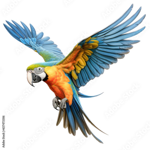 a Macaw in-flight  3 4  view as a transparent PNG Nature-themed  photorealistic illustration. Generative ai