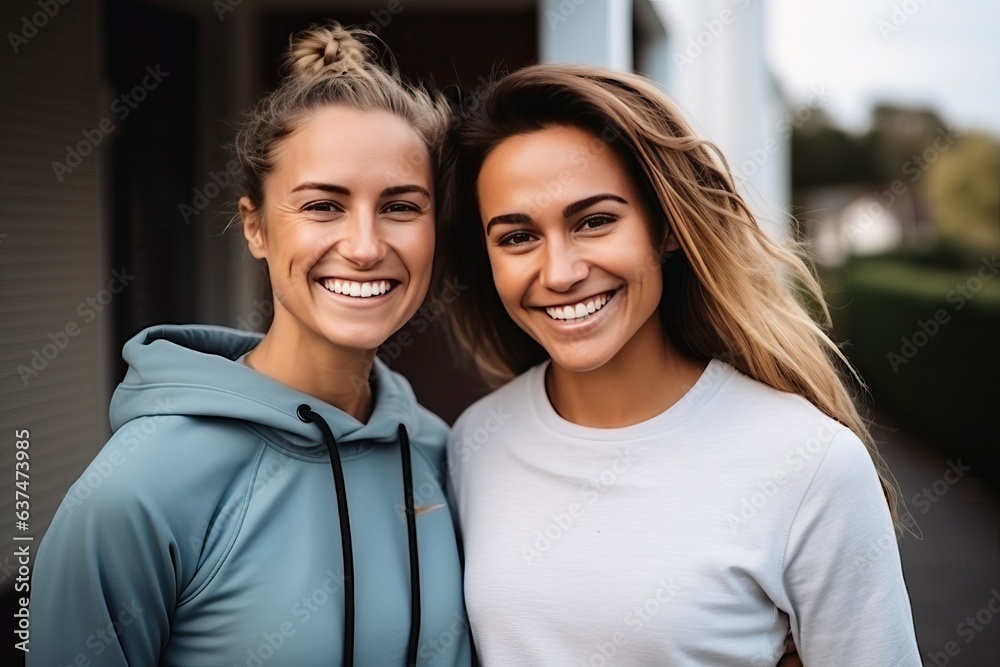 Female fitness friend smile and stand pose to camera Female fitness friend smile and stand pose to camera