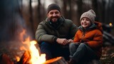 Father with son warm near campfire drink tea