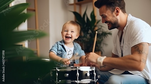 Father teach baby boy to play drum, music training
