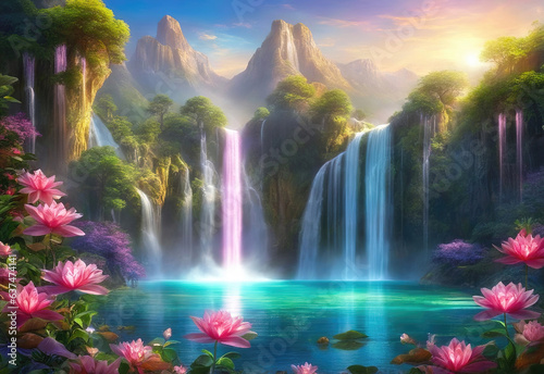Paradise landscape with beautiful  gardens  waterfalls and flowers  magical idyllic  background  heavenly view with beautiful fantastic flowers and lush vegetation in Eden.