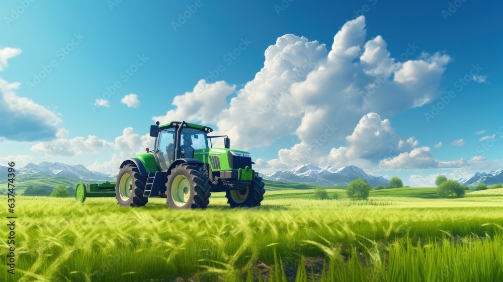 green tractor plowing cereal field with sky with clouds generative ai green tractor plowing cereal field with sky with clouds generative ai