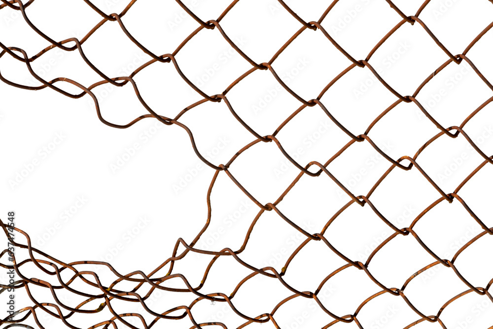 The texture of the metal mesh. Torn, destroyed, broken metal mesh on a white background. rusty wire The texture of the metal mesh. Torn, destroyed, broken metal mesh on a white background. rusty wire