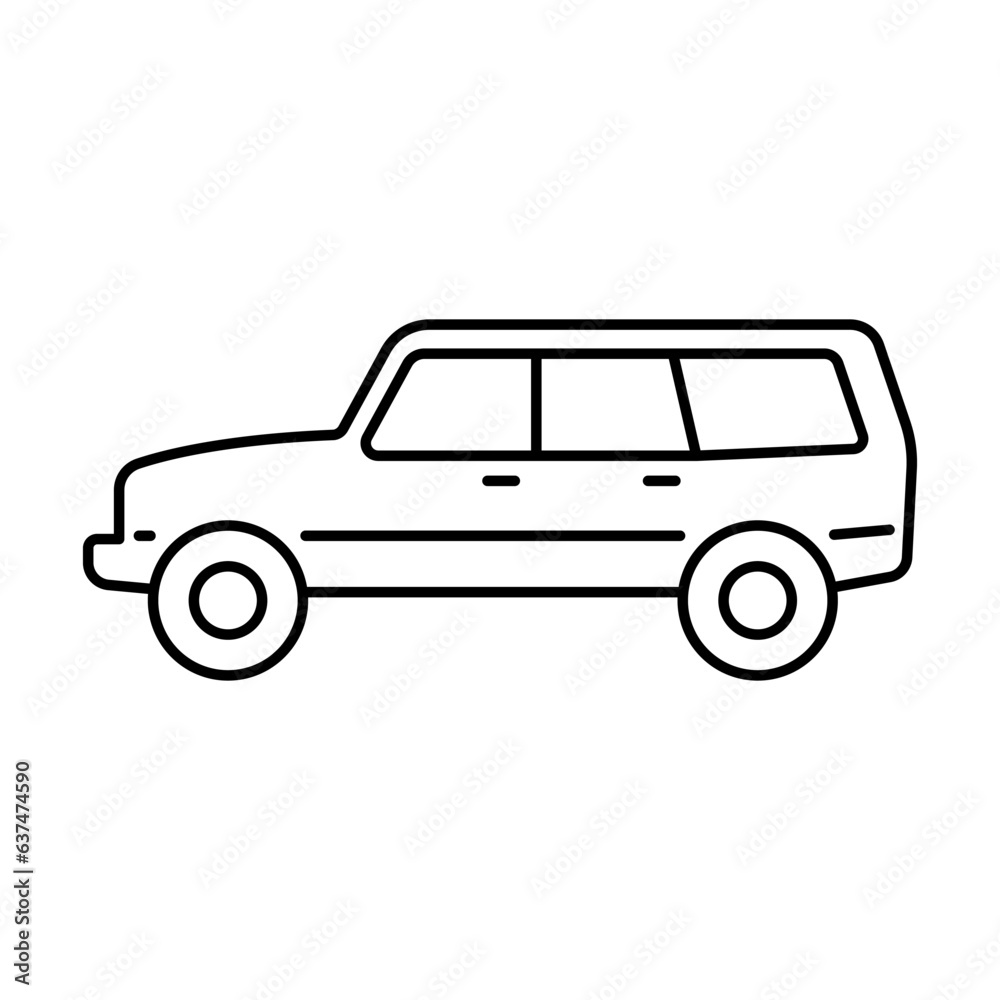 SUV icon. Off-road vehicle. Black contour linear silhouette. Side view. Editable strokes. Vector simple flat graphic illustration. Isolated object on a white background. Isolate.