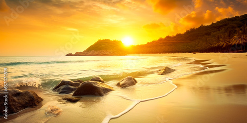 Experience the beauty of a sunset on a tropical beach Relax and unwind in a natural paradise Feel the warm sand between your toes as you watch the sun set over the ocean photo