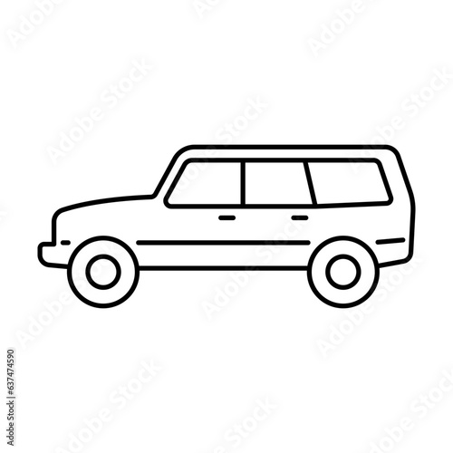 SUV icon. Off-road vehicle. Black contour linear silhouette. Side view. Editable strokes. Vector simple flat graphic illustration. Isolated object on a white background. Isolate.