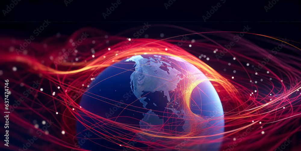 Earth with technology background, in the style of light indigo and light crimson, fluid networks.