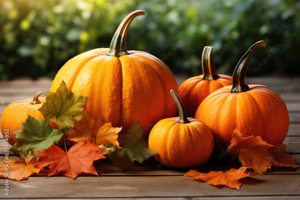 Pumpkin with autumn leaves on wooden table with green background Pumpkin with autumn leaves on wooden table with green background