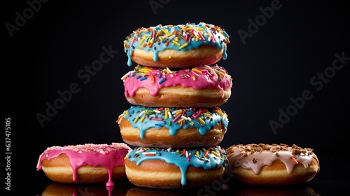  a stack of donuts with different colored frosting and sprinkles.  generative ai
