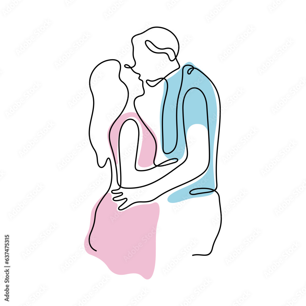 Romantic couple kissing continuous line colourful vector illustration