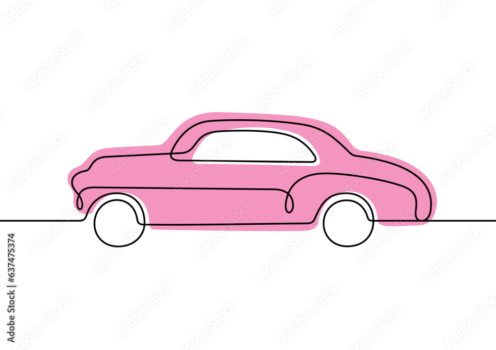 Retro pink car continuous line vector illustration