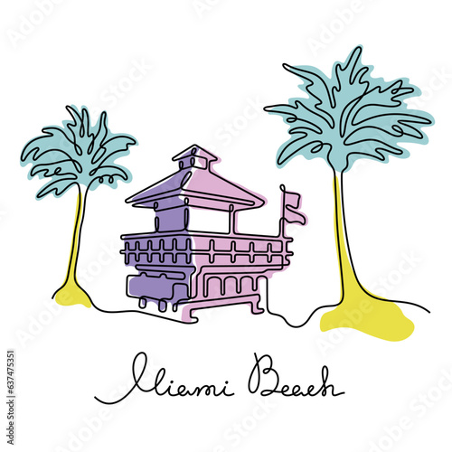 Miami Beach lifeguard tower and palm trees continuous line colourful vector illustration