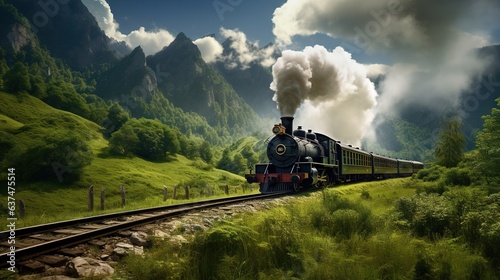  a train traveling through a lush green countryside under a cloudy sky. generative ai