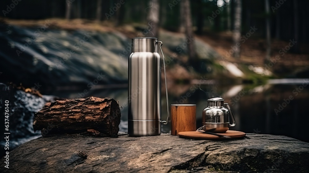 Camping stuff, cup and bottle in forest - obrazy, fototapety, plakaty 