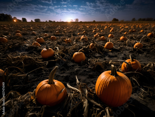 Halloween pumpkins field at night