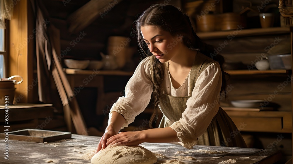 Woman cook in the old wooden kitchen - obrazy, fototapety, plakaty 