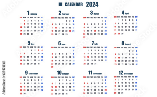 2024年の日曜始まりのシンプルな年カレンダー