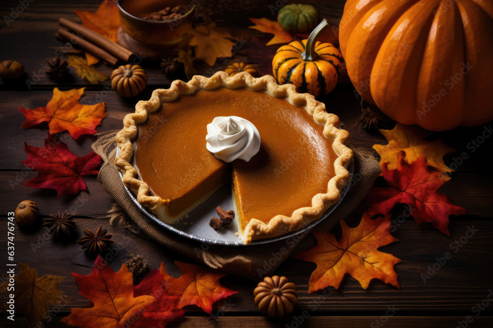 Pumpkin pie surrounded by fall leaves