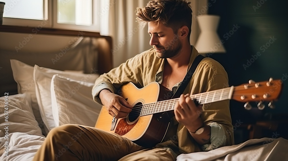 Guitarist hipster play guitar at home in bedroom, music hobby - obrazy, fototapety, plakaty 