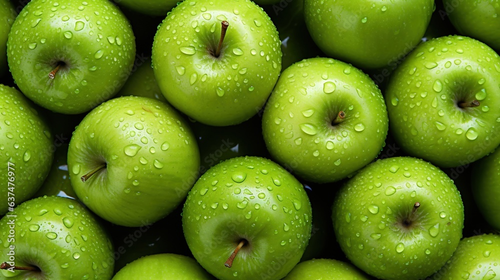 a pile of green apples with water drops on them,. generative ai a pile of green apples with water drops on them,. generative ai