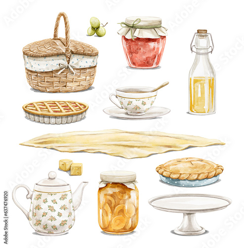 Watercolor vintage set with picnic basket, teapot and cup, drink bottle, grapes, jams and pies objects isolated on white background. Hand drawn illustration sketch