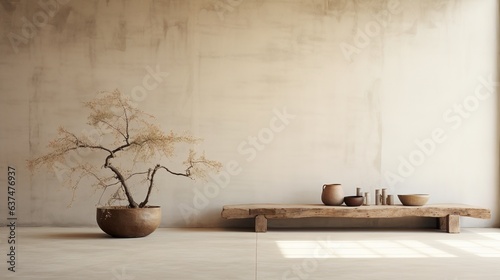 Generative AI, Warm neutral wabi sabi style interior mockup, Japanese minimalistic style, grungy wall