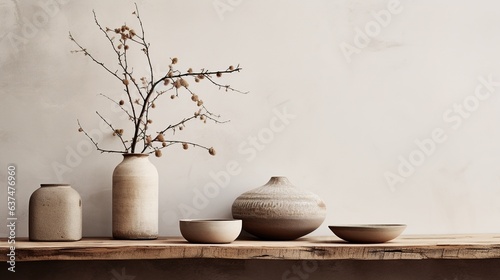 Generative AI, Warm neutral wabi sabi style interior mockup, Japanese minimalistic style, grungy wall