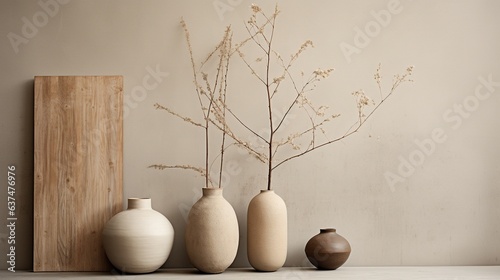 Generative AI, Warm neutral wabi sabi style interior mockup, Japanese minimalistic style, grungy wall photo