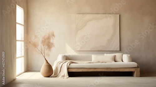 Generative AI, Warm neutral wabi sabi style interior mockup, Japanese minimalistic style, grungy wall