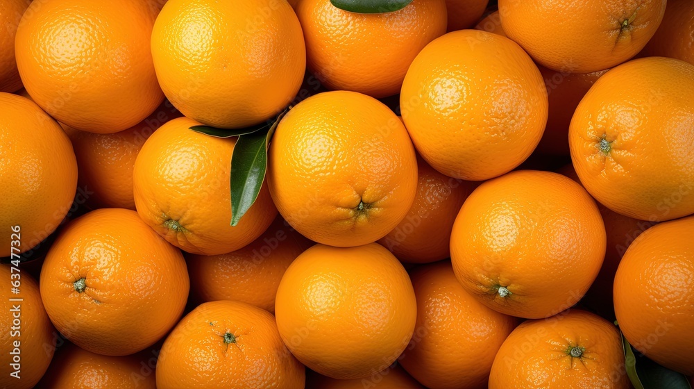 a pile of oranges with a green leaf on top. generative ai a pile of oranges with a green leaf on top. generative ai