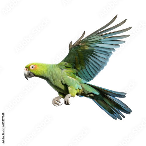 an Amazon Parrot in-flight side view in an isolated and transparent PNG in a Nature-themed, photorealistic illustration. Generative ai