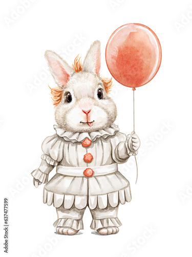 Watercolor cute rabbit bunny character in halloween costume It with red balloon isolated on white background. Hand drawn illustration sketch