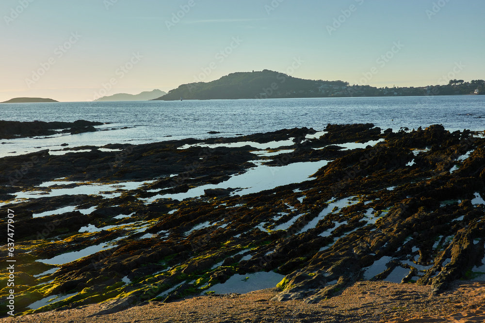 Sunset on the América beach in the Rias Baixas. Pontevedra. Galicia. Spain