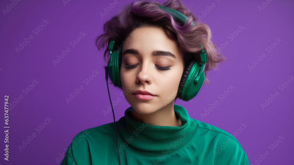 The image of a modern bright girl on a green isolated background. Portrait of an attractive young woman with her eyes closed, listening to music. Generative AI. The image of a modern bright girl on a green isolated background. Portrait of an attractive young woman with her eyes closed, listening to music. Generative AI.