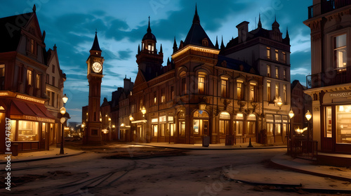 victorian design building of catholic church looking downtown over the crossroad street, clock tower at far away