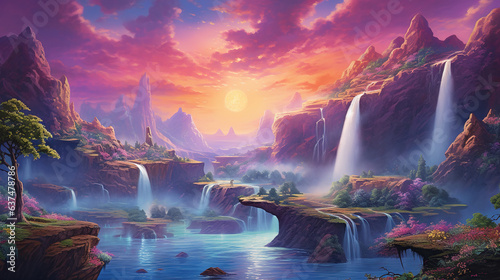 fantasy landscape with sunset and waterfall..Generative Ai © Shades3d