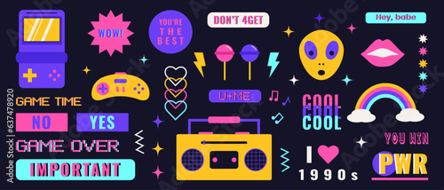 Nostalgia for 1990s -2000s. Y2K. Vector illustration. old aesthetic. Sticker pack, retro badge, emblem, fashionable patch. Isolated background