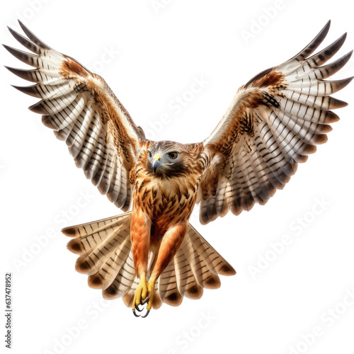 a Hawk in-flight, frontal view in a Nature-themed, photorealistic illustration in a transparent PNG, cutout, and isolated. Generative ai