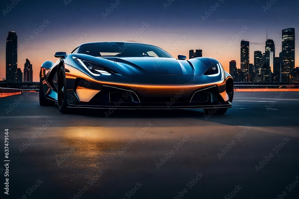 a front view of a sleek sports car against a twilight cityscape
