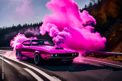 a modified sports car blowing pink smoke on a tunnel road © Warda