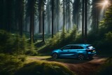 a compact hatchback parked at the edge of a tranquil forest clearing, surrounded by tall trees
