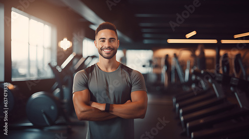 Obraz na płótnie Muscular brunette man in sportswear, smiling and looking at the camera on the background of the gym with copy space